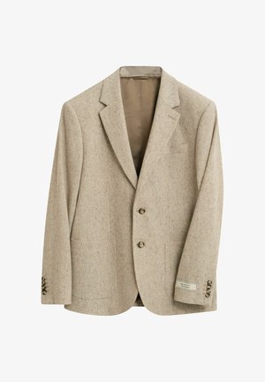 Beige wollen blazer met twee knopen aan de voorkant, gekleurde revers, opgestikte zakken, knopenmanchetten met vier knopen en een binnenvoering in bruin.