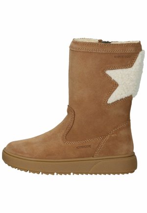 Braune wasserdichte Stiefeletten mit einem weichen Innenfutter, sternförmigem Akzent, strukturiertem Wildledermaterial und Gummisohle.