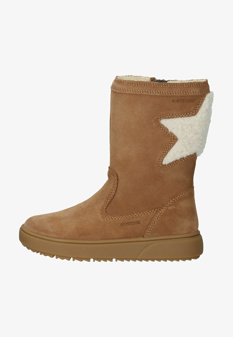 Braune wasserdichte Stiefeletten mit einem weichen Innenfutter, sternförmigem Akzent, strukturiertem Wildledermaterial und Gummisohle.