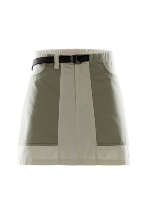 Groene en crèmekleurige kleur-geblokte rok met een elastische taille, zwarte riem, twee zijzakken en een rechte snit. Gemaakt van een katoenmix.