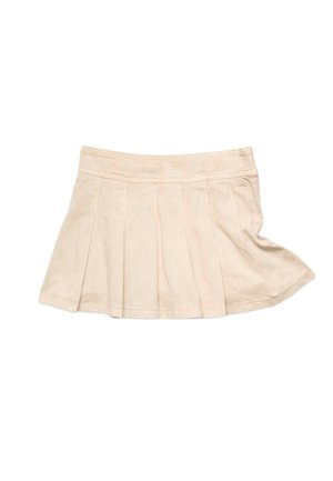 Beige plisseret miniskirt med syet taljebånd og diskrete paneldetaljer, vist fladt på en hvid baggrund.