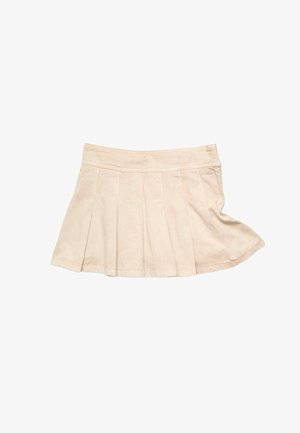 Beige plisseret miniskirt med syet taljebånd og diskrete paneldetaljer, vist fladt på en hvid baggrund.