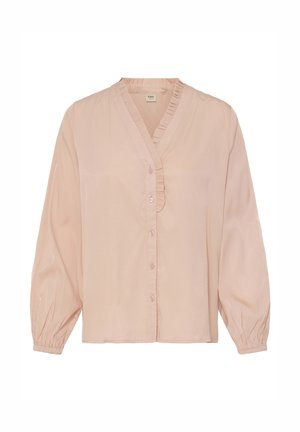Világosrózsaszín blúz V-nyakkivágással, fodros szegéllyel és hosszú, puffadt ujjakkal. Gombos elülső rész enyhe fényű és sima tapintású anyagból.