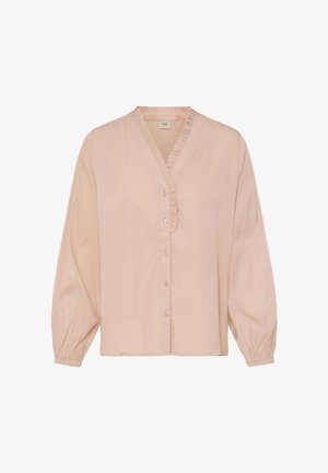 Világosrózsaszín blúz V-nyakkivágással, fodros szegéllyel és hosszú, puffadt ujjakkal. Gombos elülső rész enyhe fényű és sima tapintású anyagból.