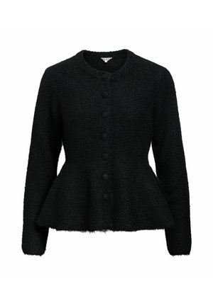 Melns adīts kardigans ar apaļu kakla izgriezumu, garām piedurknēm, faktūru audumu un pepluma formu, priekšpusē ar sešu pogu rindu.