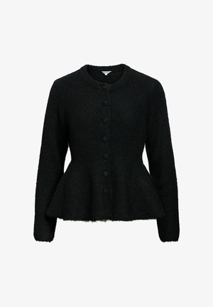 Cárdigan negro de punto con cuello redondo, mangas largas, tela texturizada y forma de peplum, con una fila de seis botones en la parte delantera.