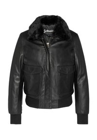 Schwarze Lederjacke mit einem Fellkragen, Reißverschluss, zwei Vordertaschen, gerippten Bündchen und einem gerippten Saum. Glatte Textur und cropped Schnitt.