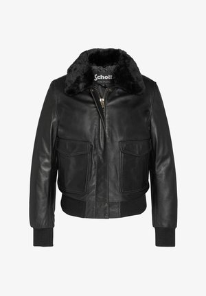 Schwarze Lederjacke mit einem Fellkragen, Reißverschluss, zwei Vordertaschen, gerippten Bündchen und einem gerippten Saum. Glatte Textur und cropped Schnitt.