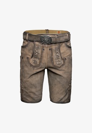 Brune lædershorts med detaljeret blomsterbroderi foran og på siderne, med en dekorativ sølvspænde. Klassisk alpin design.