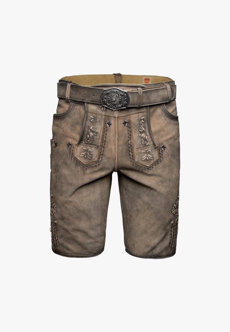 Brown leather shorts featuring intricate floral embroidery on the front and sides, with a decorative silver buckle. Classic alpine design.
