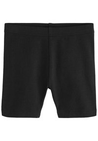 Zwarte katoenen shorts met een elastische tailleband. Gladde textuur, aansluitende pasvorm en lengte tot halverwege de dij. Geen zichtbare patronen of metalen onderdelen.
