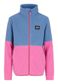 Fleecejacke met een blauwe bovenkant en een roze onderkant, hoge kraag, volle frontrits en een zwart label met kleurrijk bergontwerp.