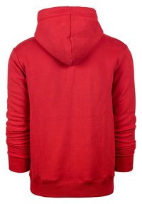 Sudadera roja con capucha, de mangas largas, con puños y bajo de canalé. Textura suave con un bolsillo canguro en la parte delantera y sin logotipos visibles.