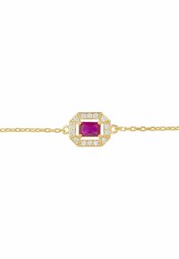 Bracciale in oro con un design ottagonale e una gemma rosa centrale, circondata da piccole pietre bianche, su una sottile catena.