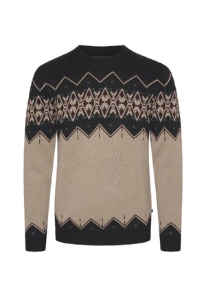 Maglione lavorato a maglia con scollo rotondo, caratterizzato da un motivo geometrico in nero, beige e bordeaux. Tessuto testurizzato con polsini a coste.