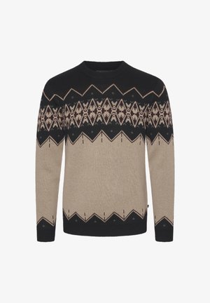 Knitted sweater with a round neck, featuring a geometric pattern in black, beige, and burgundy. Textured fabric with ribbed cuffs.