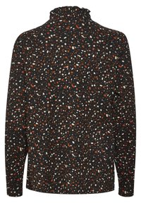 Camicia a maniche lunghe in tessuto nero con un motivo di punti arancioni, bianchi e rossi distribuiti in modo casuale; colletto alto arricciato e vestibilità morbida.