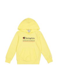 Felpa gialla con cappuccio, tasca frontale a marsupio, cordino e logo "Champion ATHLETICWEAR" in nero e rosso sul petto.