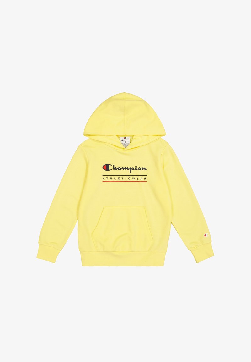Hoodie jaune avec une poche kangourou à l'avant, un capuche avec cordon de serrage, et le logo "Champion ATHLETICWEAR" en noir et rouge sur la poitrine.