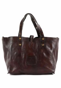 Borsa a tote in pelle marrone con superficie testurizzata, manici superiori e borchie metalliche. Presenta un'etichetta in pelle brandizzata sulla parte anteriore.