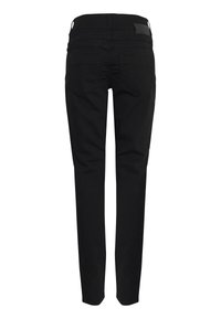 Sorte slim-fit bukser med fem lommer og bæltestropper, vist bagfra på hvid baggrund.