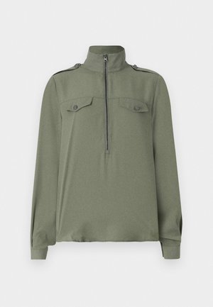 Olive green pullover with a stand-up collar, front zipper, and two chest pockets featuring button closures. Long sleeves with cuffed hems.