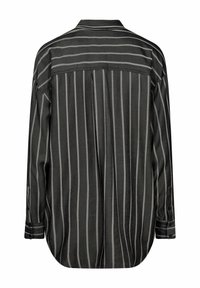 Black and gray striped shirt with a collar, long sleeves, and button cuffs. Features a curved hem and a relaxed fit.