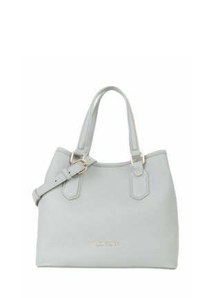 Sac à main en cuir Valentino gris clair avec deux poignées, une bandoulière réglable et des détails métalliques dorés.