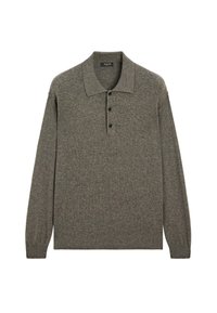 Dlouhý rukáv polo svetr v tmavě šedé barvě, s klasickým límečkem, čtyřmi černými knoflíky a měkkou, texturovanou tkaninou.