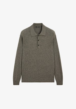 Sweter polo z długim rękawem w ciemnoszarym kolorze, z klasycznym kołnierzem, czterema czarnymi guzikami oraz miękką, teksturowaną tkaniną.