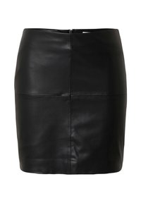 Zwarte leren mini-rok met een soepele textuur, voorzien van een strakke uitstraling, een rits aan de achterkant en horizontale stikdetails.