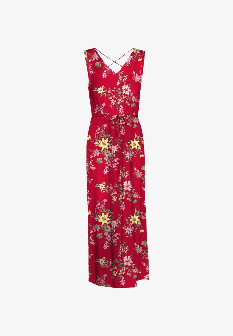 Robe longue rouge à fleurs avec un col en V et des bretelles croisées, présentant des fleurs jaunes et roses sur un tissu lisse. Détail de taille élastique.