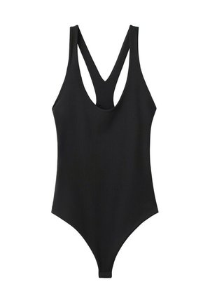 Body sin mangas negro con escote redondo y tirantes estilo racerback, mostrado sobre fondo blanco.