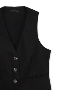 Schwarze ärmellose Weste mit tiefem V-Ausschnitt, fünf bronzefarbenen Knöpfen an der Vorderseite und zwei seitlichen Taschen. Glatte Stofftextur.