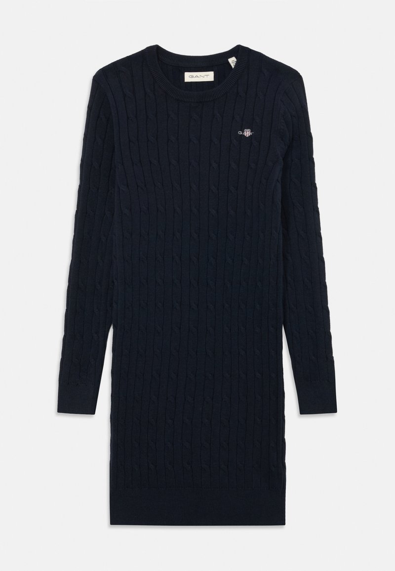 Abito in maglia a treccia color blu navy scuro. Presenta maniche lunghe, scollo a costine e un piccolo logo ricamato sul petto.