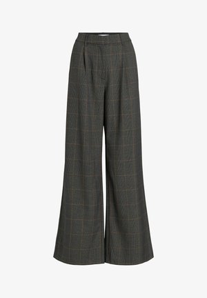 Kalhoty s širokými nohavicemi v tmavě šedé tkanině s jemným kostkovaným vzorem a oranžovými pruhy, mají přední skladby a vysoký pas.