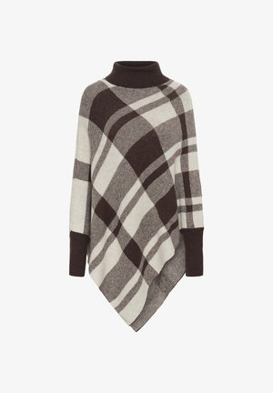 Kontrollitud disainiga kõrge kaelusega ponšo, millel on pruuni ja kreemi toone, valmistatud pehmest kangast, millel on voolujooneline asümmeetriline ääre.