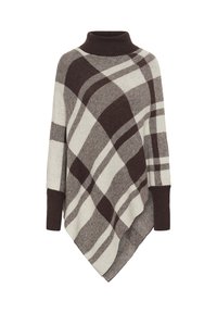 Megztas pončas su aukštu kaklu, dėvimas patogiai, su languotais raštais rudos ir kreminės spalvos atspalvių, pagamintas iš minkštos medžiagos, su laisvuoju, asimetriniu apvadu.