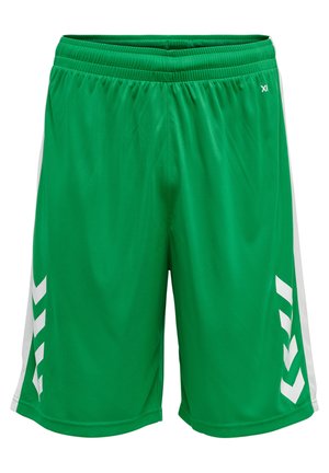 Groene sportshorts van lichtgewicht stof. Kenmerken witte zijkanten en chevronaccenten aan de onderkant. Elastische tailleband.