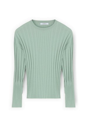 Maglione verde chiaro in maglia a coste con maniche lunghe, scollo tondo e trama verticale. Caratterizzato da silhouette aderente e finitura sottile e morbida.