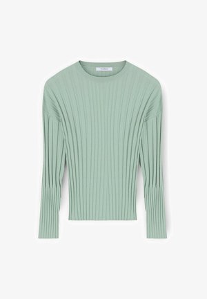 Maglione verde chiaro in maglia a coste con maniche lunghe, scollo tondo e trama verticale. Caratterizzato da silhouette aderente e finitura sottile e morbida.