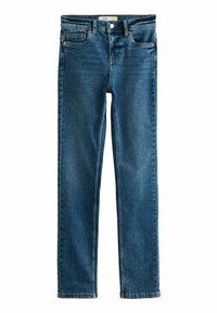 Schmale Jeans im dunklen Blau mit klassischem Fünf-Taschen-Design, Akzenten aus Nähten und Reißverschluss. Glatte Textur, gerades Bein.