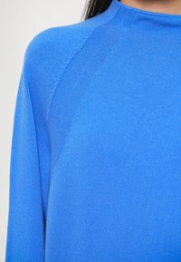 Blå strikkegenser med høy hals, glatt tekstur og raglanermer. Sømdetaljer gir en subtil designinteresse.