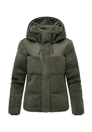 Veste en polaire verte avec capuche, présentant un design matelassé, des panneaux lisses contrastants sur les épaules et des cordons de serrage réglables.
