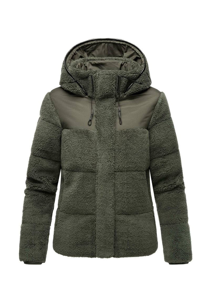 Giacca in pile verde con cappuccio, caratterizzata da un design trapuntato, pannelli lisci a contrasto sulle spalle e cordini regolabili.