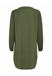 Tunique à manches longues vert olive avec col rond, tissu texturé et fentes latérales à l'ourlet. Design classique à coupe droite.