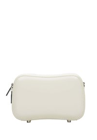 Bílá umělá kožená taštička s kulatým obdélníkovým tvarem, hladkým povrchem a stříbrným zipem. Obsahuje decentní švy.