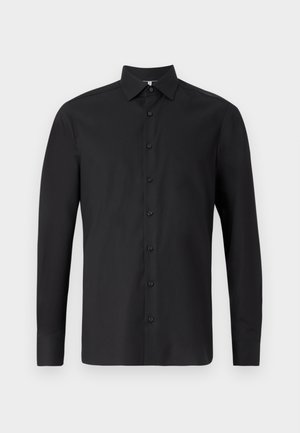 Black long-sleeve shirt made of smooth fabric featuring a classic collar, button front closure, adjustable cuffs, and a tailored fit.
