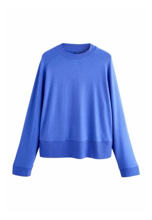 Pull bleu à col rond avec des manches longues, fabriqué en tissu lisse, avec des poignets et un ourlet côtelés, et un design décontracté.