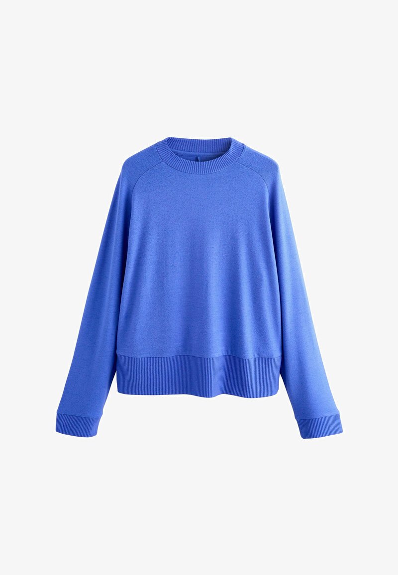 Blue crewneck sweater with long sleeves, made of smooth fabric, featuring ribbed cuffs and hem, and a relaxed fit design.